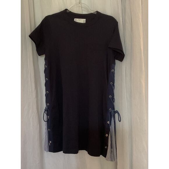 Sacai Shirt Dress Striped Lace Up Pleats size 2 cotton navy blue made in Japan - Picture 1 of 16